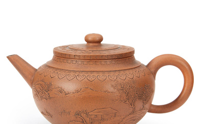 A YIXING APPLIQUE-DECORATED 'LANDSCPE' TEAPOT AND COVER