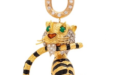 A Yellow Gold, Diamond, Gemstone and Enamel Tiger Brooch