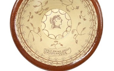 A Yorkshire Slipware Dairy Bowl, dated 1877, inscribed MRS ENSEN...