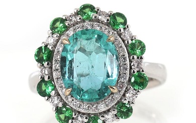 A beryl, tsavorite and diamond ring set with an oval-cut beryl weighing...