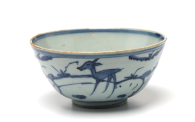 A blue and white porcelain Ming-style bowl painted with deer in the garden