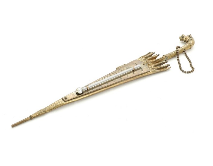 A brass thermometer in shape of an umbrella with lion head, temperature shown in fahrnheit and reaumur. Early 20th century. H. 35 cm.
