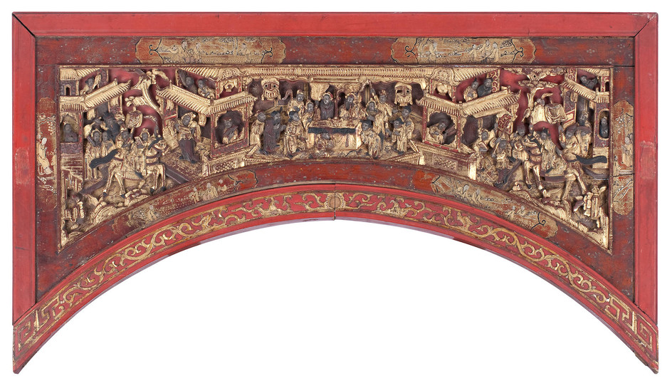 A carved, gilded and painted wood frieze