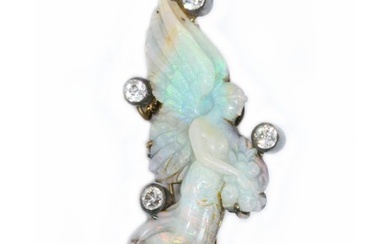 A carved opal and diamond brooch, circa 1900, probably by Wi...