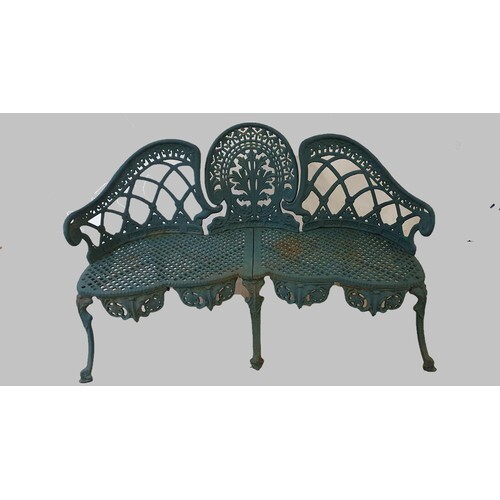 A cast iron green painted three seater garden bench.