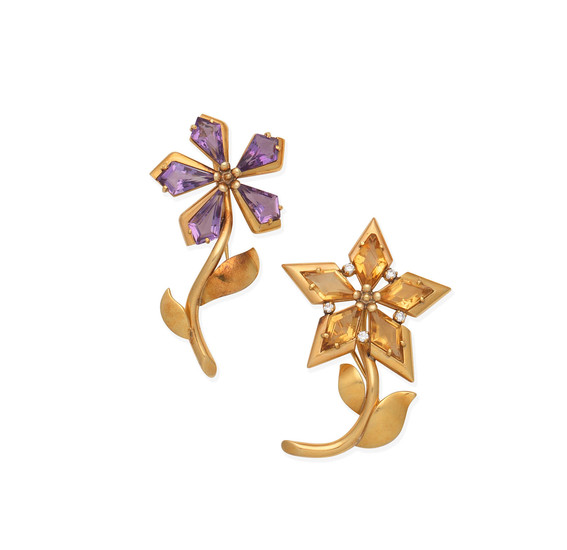 A citrine and diamond flower brooch and an amethyst flower brooch