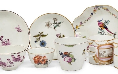 A collection of Meissen porcelain, mid-18th century, blue crossed swords marks, comprising: a Meissen teabowl and saucer, circa 1750, painted in puce camaÃ¯eu with indianische Blumen, the teabowl 8cm diameter; a Meissen conical coffee-cup, circa...