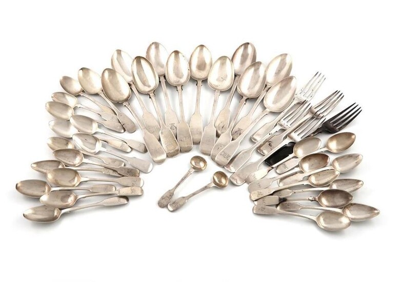 A collection of silver Fiddle pattern flatware, various dates and makers, comprising: eleven tablespoons, five table forks, a dessert spoon, twenty-two teaspoons, and a condiment spoon, approx. weight 57oz.
