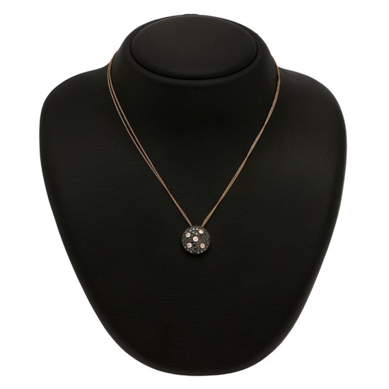 A diamond pendant set with five rose-cut and numerous black diamonds, mounted in 18k partly black rhodium plated rose gold. Accomapanied by chain of 18k gold.