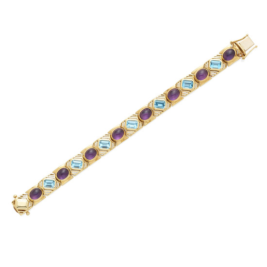 A gold, amethyst and blue topaz bracelet