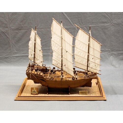 A hand built wooden model of a Chinese junk, made in Thailan...