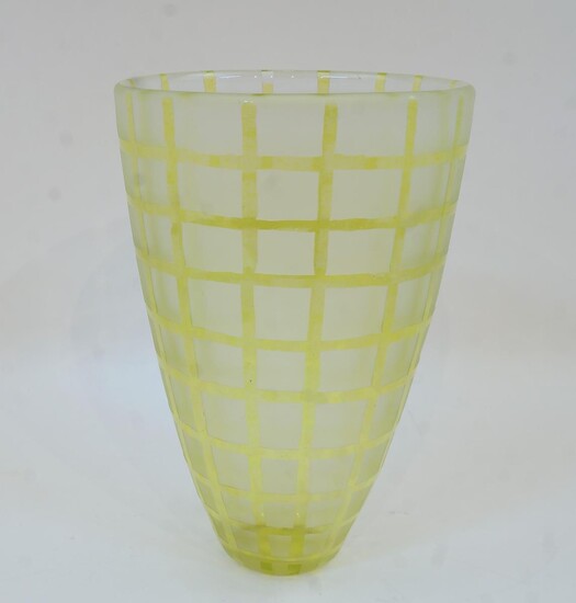A large contemporary studio glass vase, in yellow glass with all over acid etched geometric design, initialled 'EM' near base, 30.5cm high
