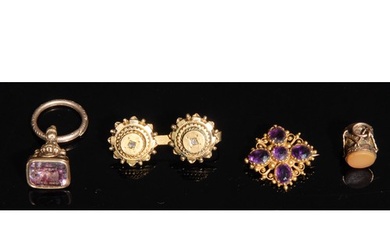 A late 19th century gold coloured metal and amethyst seal fo...