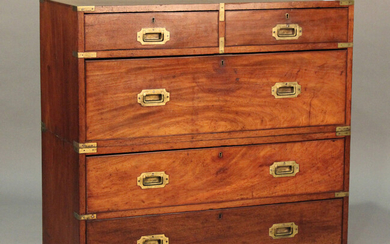 A late 19th century mahogany and brass bound campaign chest of two short and three long drawers, hei