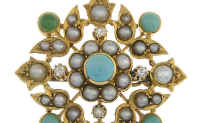 A late Victorian 18ct gold, turquoise, split pearl and diamond brooch.