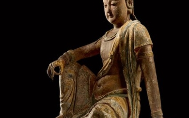 A magnificent and extremely rare large wood sculpture of Avalokiteshvara, Song dynasty | 宋 木雕加彩觀世音菩薩坐像