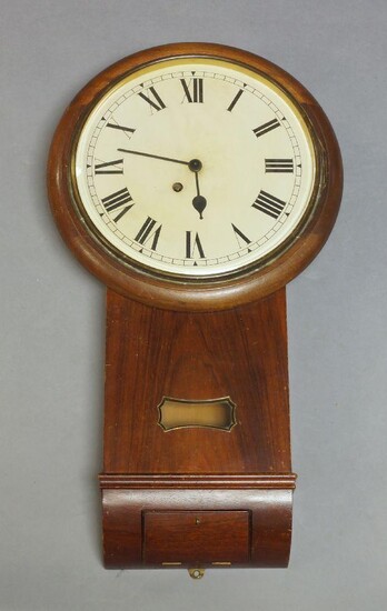 A mahogany cased drop dial clock, early 20th Century, the painted dial with Roman numerals, 77cm high, 44cm wide Please note that Roseberys do not guarantee working order or time keeping of any automatic, mechanical, quartz or other timepiece.