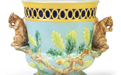 A majolica squirrel-handled jardiniere or planter, in the manner of Minton or...