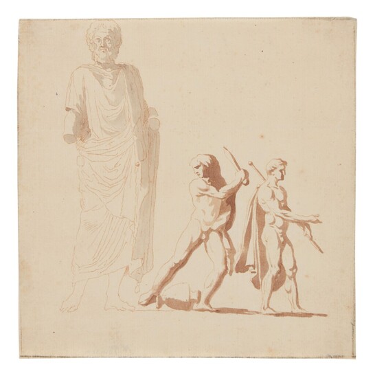 A male statue and two nude men, Follower of Nicolas Poussin