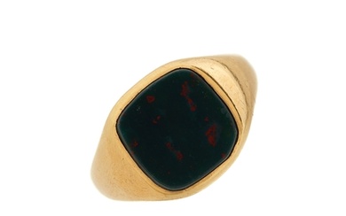 A mid 20th century 18ct gold bloodstone cabochon signet ring...