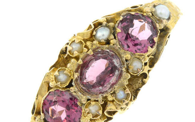 A mid Victorian 15ct gold garnet and split pearl ring.