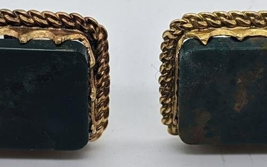 A pair of 14ct gold cufflinks, mounted with bloodstone