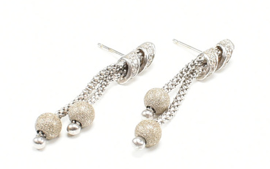 A pair of 18ct white gold & white stone stud drop earrings. The earrings having a double tassel of popcorn link chain with textured beads to the ends & bands of clustered white stones to the straight post verso. Marked 750 & signed Gritti. Total...