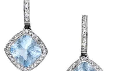 A pair of 18ct white gold aquamarine and diamond ear pendants by...