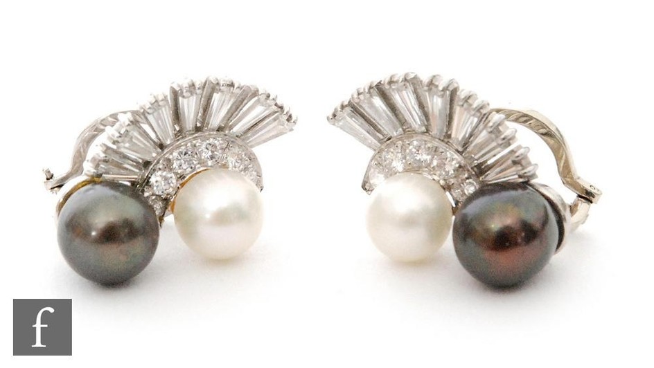 A pair of 18ct white gold cultured pearl and diamond set cli...