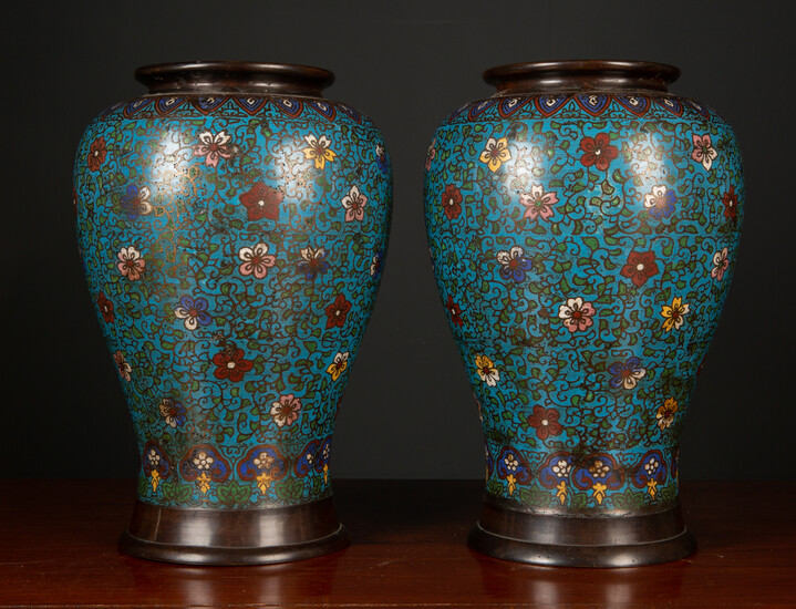 A pair of 19th century Oriental cloisonne enamelled bronze vases...