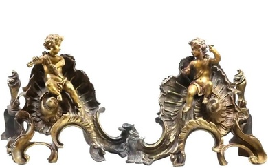 A pair of Antique 19th Century Bronze Fireplace Chenets with Cupid Figures, Good Patina