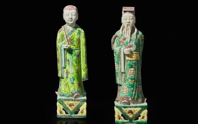 A pair of Chinese famille verte-decorated porcelain Daoist immortals