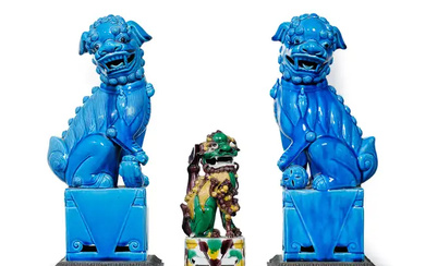 A pair of Chinese turquoise glazed Buddhist lions and a sancai Buddhist...