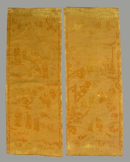 A pair of Chinese yellow silk cut velvet wall panels
