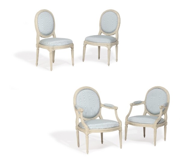A pair of French whitepainted Louis XVI armchairs and chairs. Signed Nadal. Maker Jean-René Nadal, 1733–1783. (4)