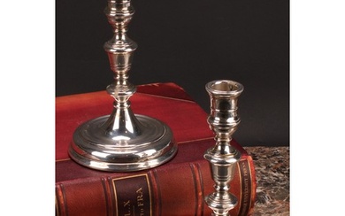 A pair of George I style silver table candlesticks, knopped ...