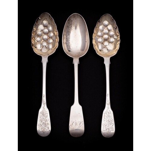A pair of George III and later decorated berry spoons, maker...