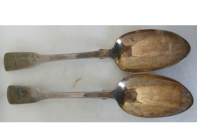 A pair of Georgian silver table spoons, fiddle pattern, engr...