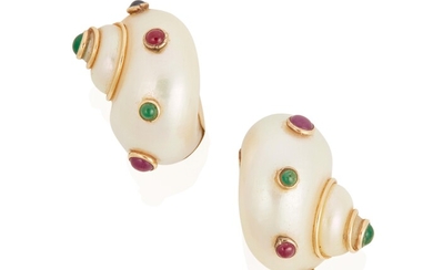A pair of Maz shell and gem-set earrings