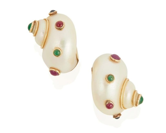A pair of Maz shell and gem-set earrings