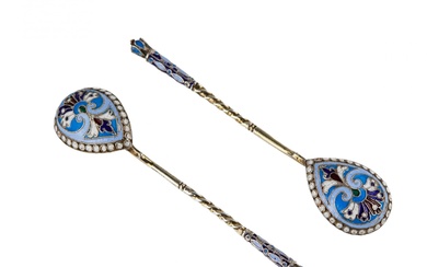 A pair of Russian silver spoons with enamel and gilding. The turn of the 19th-20th centuries.