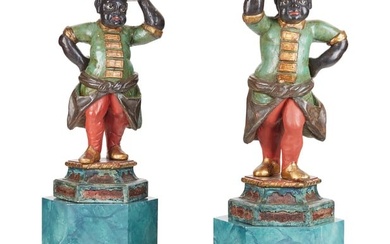 A pair of Venetian figures on hexagonal pedestals