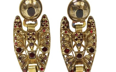 A pair of antique 19th century Spanish Catalan flat cut garnet drop earrings