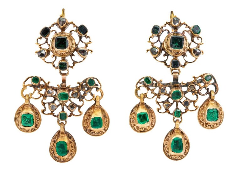 A pair of antique Iberian gold, emerald and diamond earrings, each of open work scroll design suspending three emerald drops to a cluster surmount, accented with step-cut emeralds and rose- and lasque-cut diamonds, fittings stamped MC, early 19th...