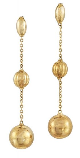 A pair of double orb drop earrings,...