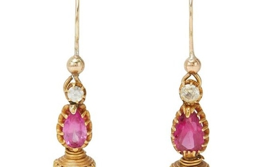 A pair of gem-set pendant earrings.