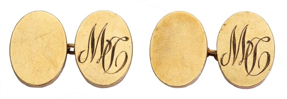 A pair of gold cufflinks, the oval links to curb link connecting chains, with engraved initials, British hallmarks for 9-carat gold Birmingham 1959, gross weight approximately 22g