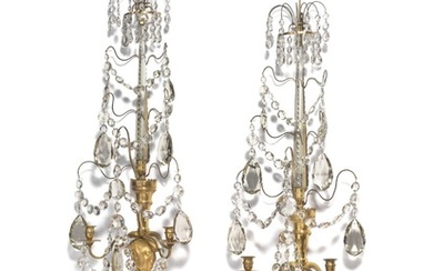 A pair of large Gustavian crystal and gilt bronze wall lights. Stockholm, late 18th century. H. 92 cm. (2)