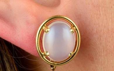 A pair of moonstone cabochon earrings, by Tiffany &
