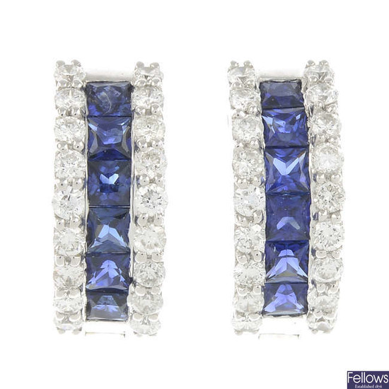 A pair of sapphire and brilliant-cut diamond earrings.